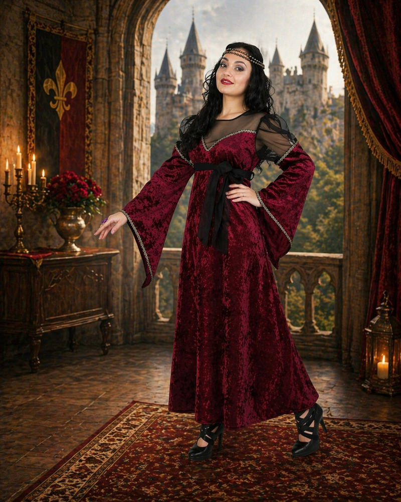 Mittelalter Damenkostüm Dunkelrot – 2-teiliges Prinzessin Kleid mit Gürtel