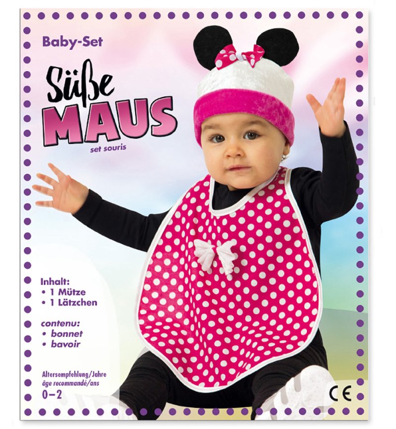 Baby Kostüm Süße Maus Lätzchen mit Mütze pink weiß