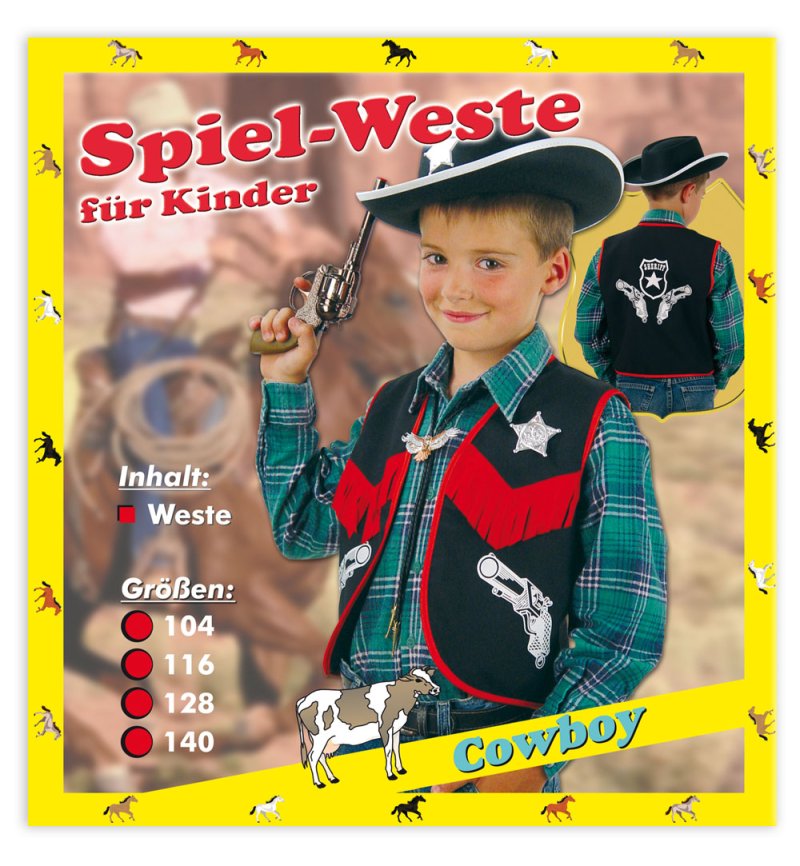 Spiel-Weste für Kinder Cowboy Verschiedene Größen Cowboyweste schwarz-rot  mit Aufdruck Sheriff Stern 