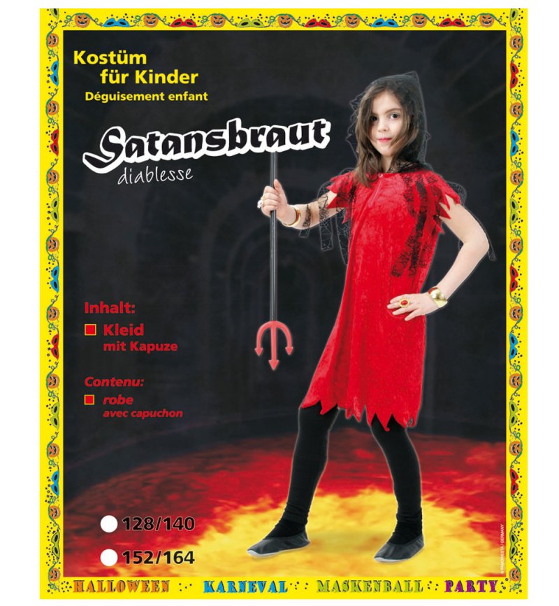 Kinderkostüm Satansbraut, Kleid mit Kapuze, Karneval, Fasching, Mottoparty, Gr. 128-140