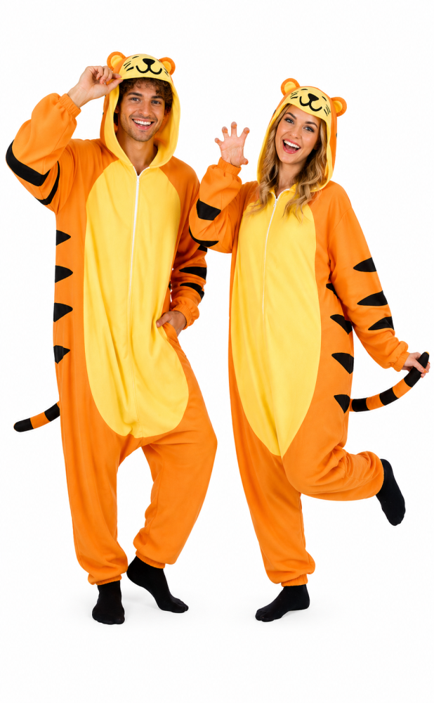 Ganzkörperkostüm "Tiger", Overall mit Kapuze, Jumpsuit, Orange, Tierkostüm | Pyjamaparty