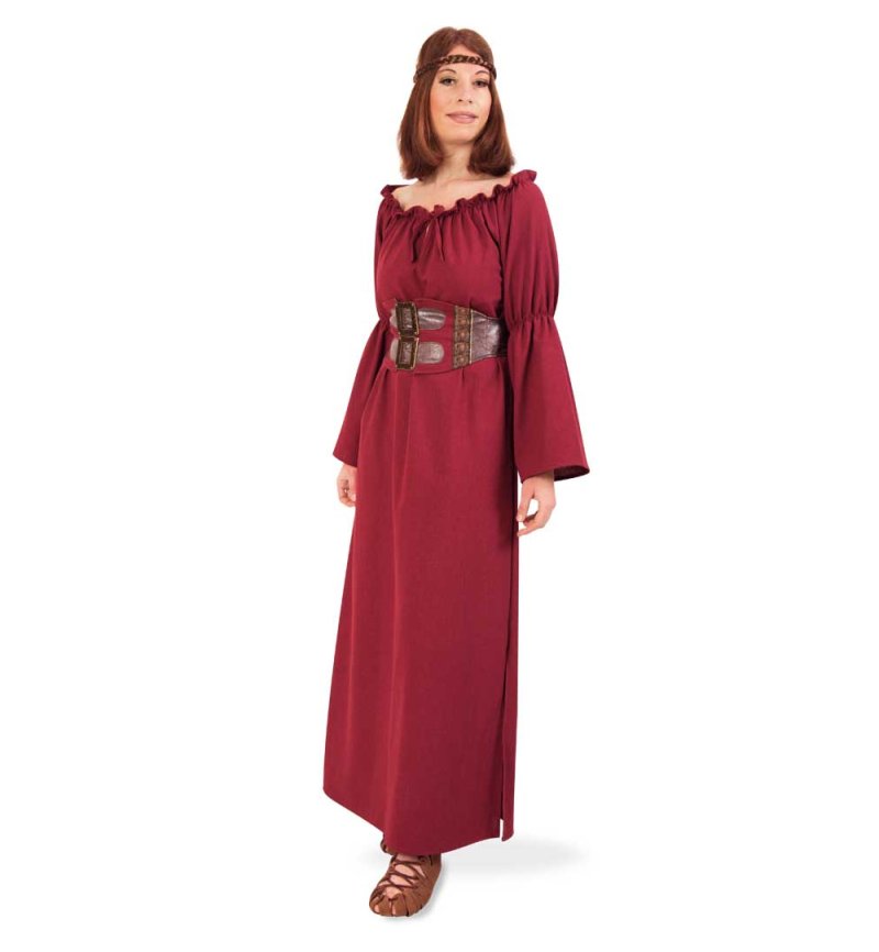 Damenkostüm 2-teilig Frauenkleid in Bordeauxrot und Gürtel in brauner Lederoptik Vintage Mittelalter Renaissance