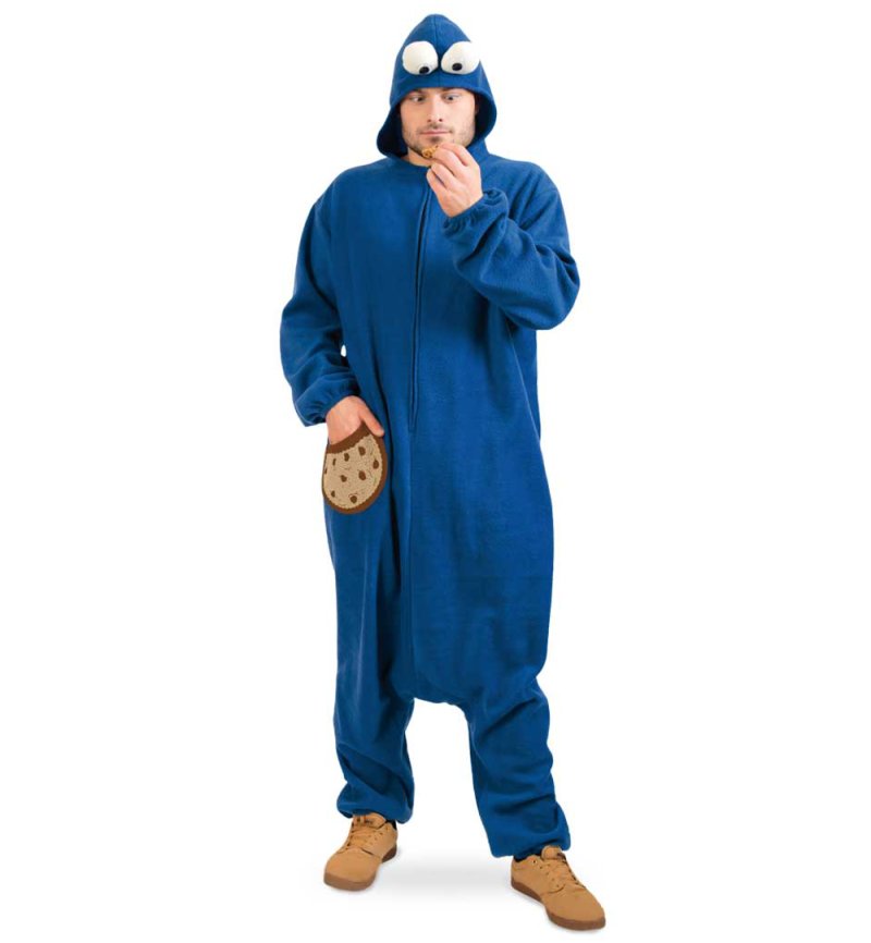 Erwachsenenkostüm Keksmonster Overall in blau mit Kapuze Onesie