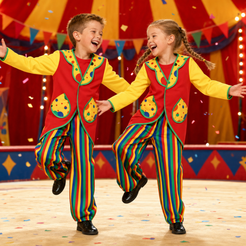 Kinder Clownkostüm bunt – 2-teiliger Clown Anzug für Fasching & Karneval, Gr. 92–116