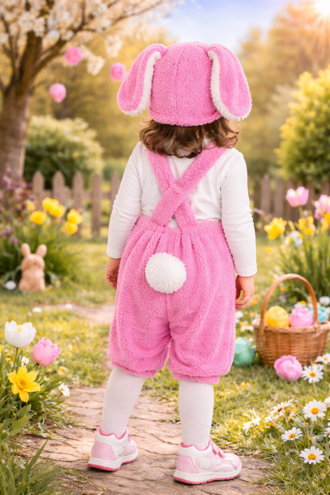 Kinderkostüm Hase Latzhose in rosa und Mütze mit Hasenohren Häschen