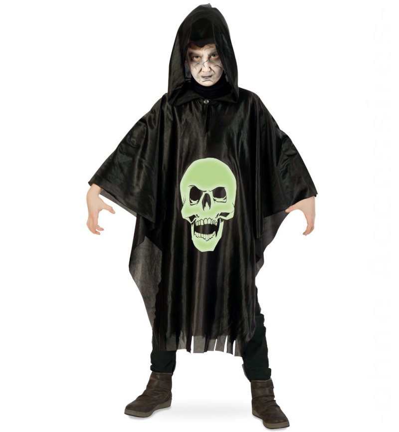 Kinderumhang Totenkopf Überwurf mit Kapuze Halloween Skull GID Nachtleuchtend Cape Poncho