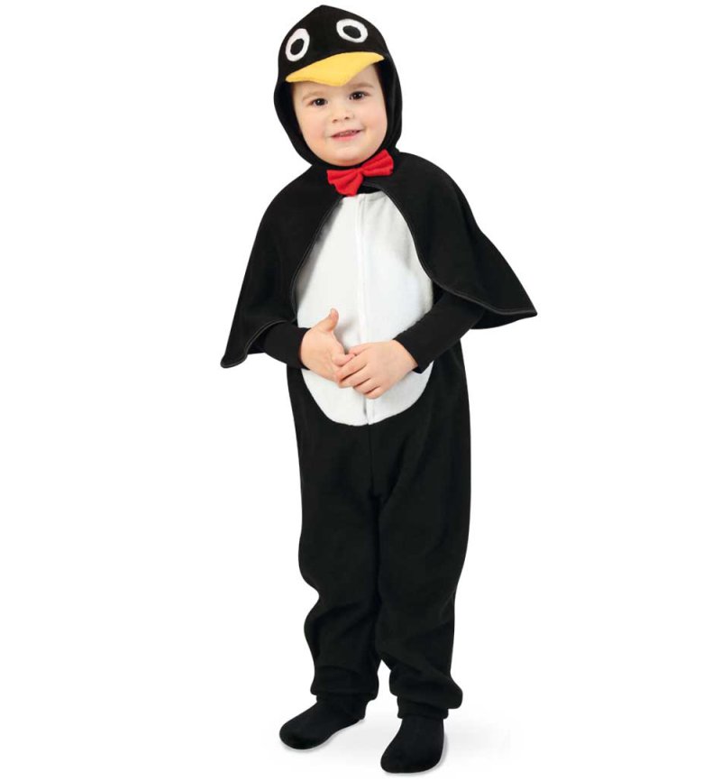 Kinderkostüm Pinguin Overall in schwarz-weiß und Cape mit Kapuze und Gesicht