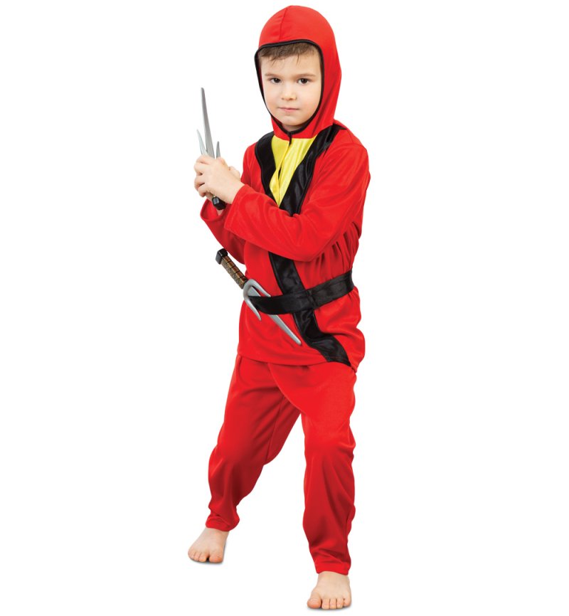 Kinder – Ninja Anzug rot mit Kapuze und Gürtel Kämpfer Verkleidung für viele Gelegenheiten Kampfkünstler