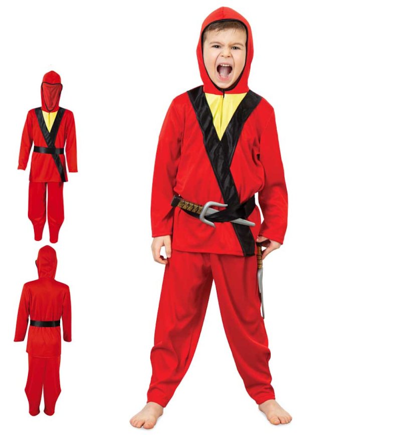 Kinder – Ninja Anzug rot mit Kapuze und Gürtel Kämpfer Verkleidung für viele Gelegenheiten Kampfkünstler
