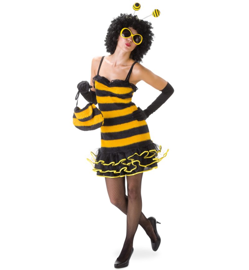 Damenkostüm Biene Kleid in gelb-schwarz gestreift mit Rüschen Bienchen