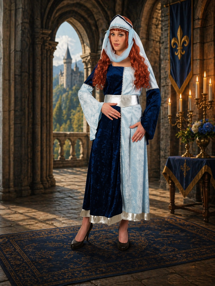 Mittelalter Damenkostüm  – Burgfräulein Kleid Blau mit Gürtel & Kopfband – Langes Ritterkostüm für Karneval, LARP & Events