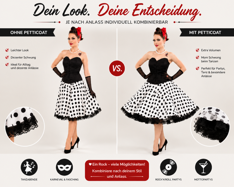 Rockabilly Rock 50er Jahre Schwarz Weiß| Vintage Tellerrock im Rock'n'Roll Stil mit klassischem Polka-Dot-Muster