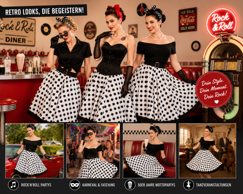 Rockabilly Rock 50er Jahre Schwarz Weiß| Vintage Tellerrock im Rock'n'Roll Stil mit klassischem Polka-Dot-Muster