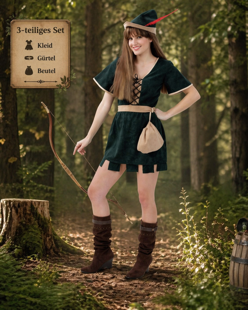 Damenkostüm Robin Hood 3-teilig – Dunkelgrünes Kleid mit Gürtel & Beutel – Mittelalter Jägerin Kostüm für Fasching & Karneval