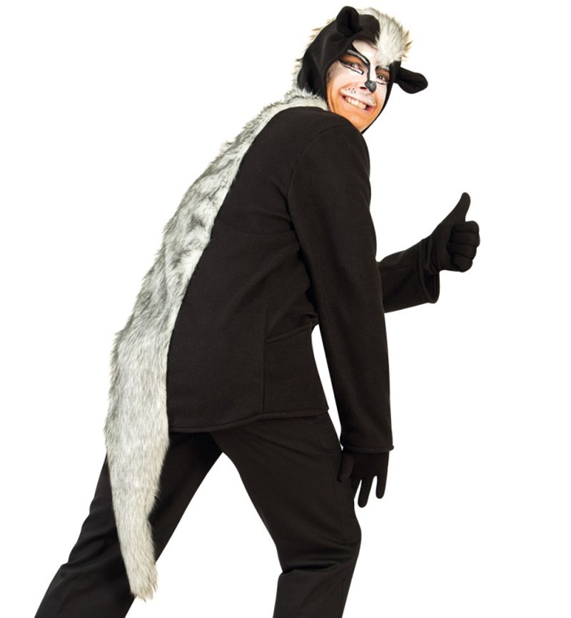 Erwachsenenkostüm Skunk Oberteil in schwarz mit Kapuze, Ohren und Schwanz Stinktier Stinkdachs Tier Verkleidung