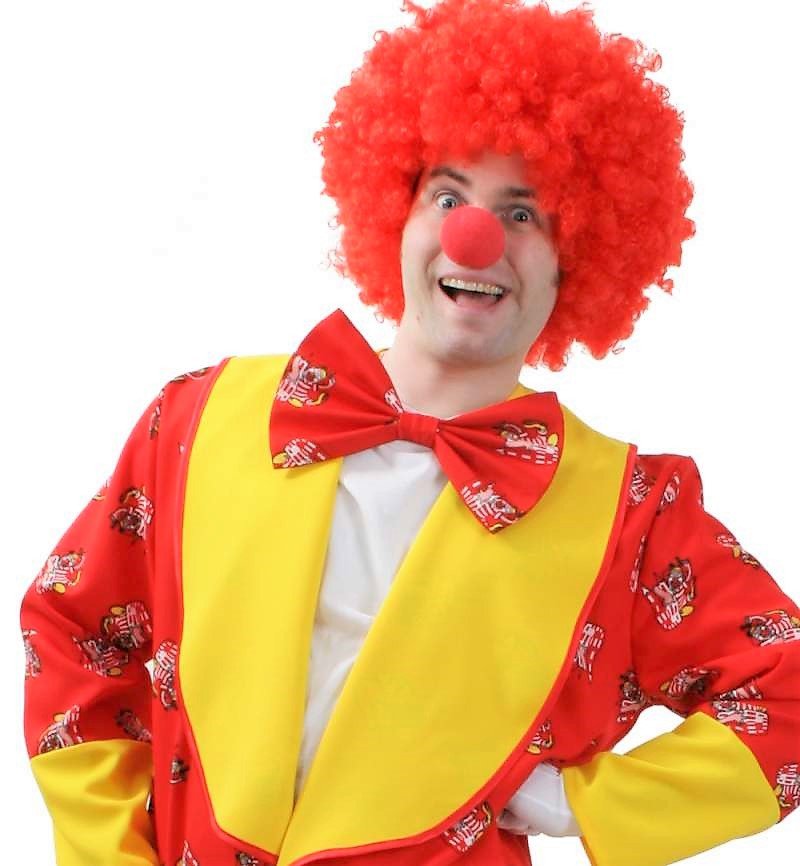 Erwachsenenkostüm Dom-Clown Mantel in rot-gelb mit Dom-Clown-Motiven, weitem Kragen und Taschen Karneval Kölle Alaaf