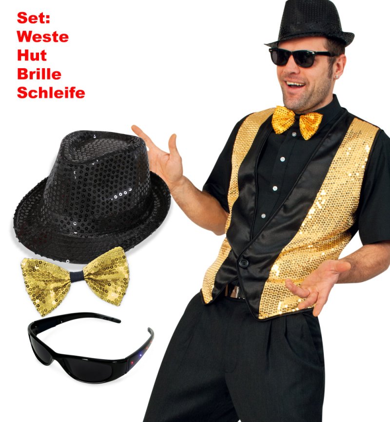 KOSTÜM - SET, für Herren, Pailletten - Set, 4 tlg. Weste, Hut, Brille & Schleife, perfekt ausgestattet für die nächste Karnevalsparty