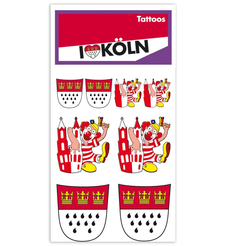 Tattoos, Köln, Karneval, Kölle Alaaf, Hautaufkleber, Wappen, Dom, Bütz mich, Clown, Accessoire, bunte Tattoos