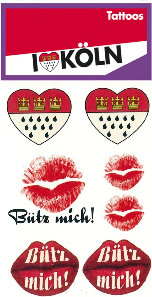 Tattoos, Köln, Karneval, Kölle Alaaf, Hautaufkleber, Wappen, Dom, Bütz mich, Clown, Accessoire, bunte Tattoos