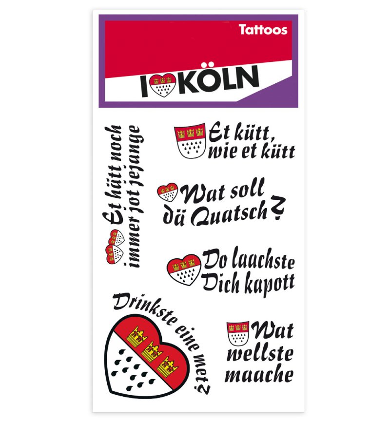 Tattoos, Köln, Karneval, Kölle Alaaf, Hautaufkleber, Wappen, Dom, Bütz mich, Clown, Accessoire, bunte Tattoos