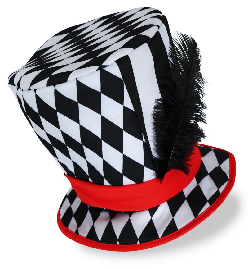 Zylinder Hutmacher Mütze in schwarz weiß und rot mit Feder verrückt auffällig Verschiedene Muster