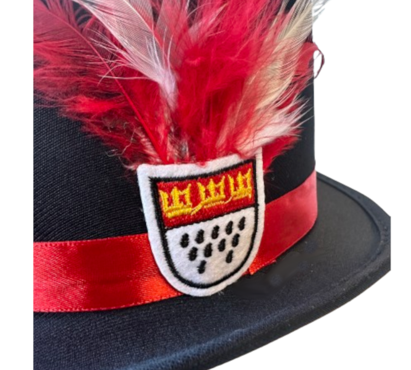 Minihut Zylinder Köln-Schwarz,Rot-Kölner Wappen mit Feder Accessoire
