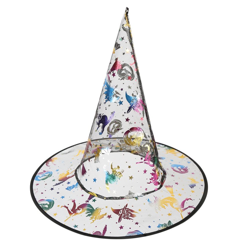 Hexenhut bunt transparent für Halloween mit Holodruck Katze Hexe Fledermaus Stern Kürbis Zaubererhut