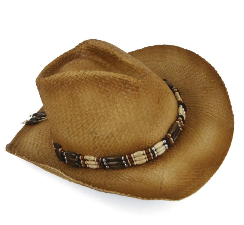 Strohut mit Holzdeko, Cowboyhut, Sommerhut, Sonnenhut, Karneval