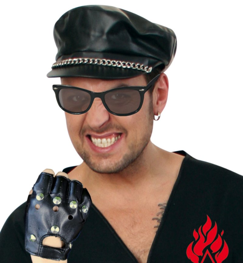 Zubehör-Set Rocker 3-teilig Kappe mit Brille und Handschuhen in schwarz mit Nieten Punk Accessoires für Erwachsene
