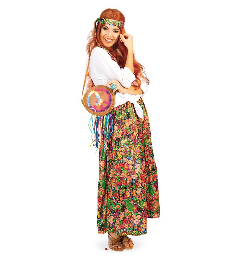 Hippie Rock Damen – Langer Blumenrock & Stirnband – 70er Jahre Flower Power Outfit