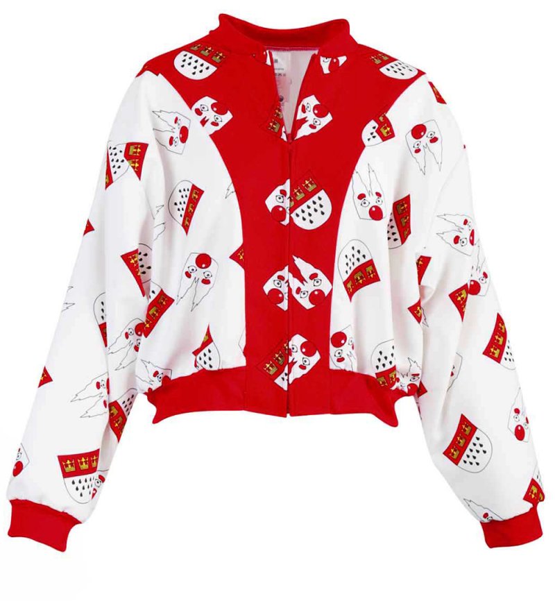 Damen Kostüm Jacke Rot-Weiß mit Clown & Köln-Wappen Design – Stylischer Blouson im kölschenen Stil, bequemer Schnitt mit Reißverschluss