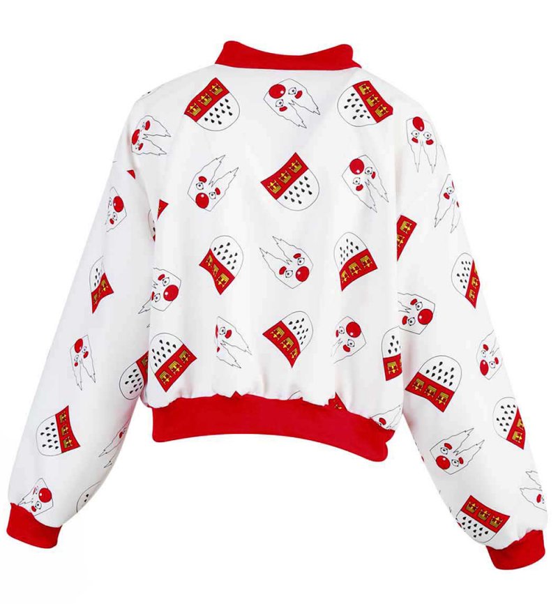 Damen Kostüm Jacke Rot-Weiß mit Clown & Köln-Wappen Design – Stylischer Blouson im kölschenen Stil, bequemer Schnitt mit Reißverschluss