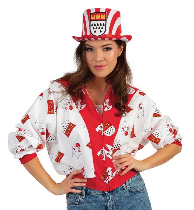 Damen Kostüm Jacke Rot-Weiß mit Clown & Köln-Wappen Design – Stylischer Blouson im kölschenen Stil, bequemer Schnitt mit Reißverschluss