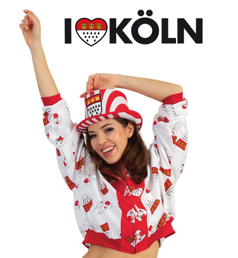 Damen Kostüm Jacke Rot-Weiß mit Clown & Köln-Wappen Design – Stylischer Blouson im kölschenen Stil, bequemer Schnitt mit Reißverschluss