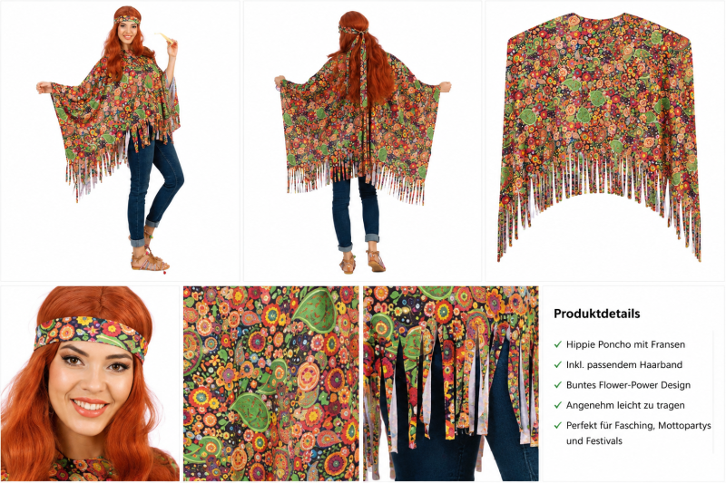 Hippie Poncho Kostüm Damen 1-tlg. – Flower Power Cape mit Fransen & Stirnband – 70er Jahre Verkleidung Karneval Fasching Motto-Party