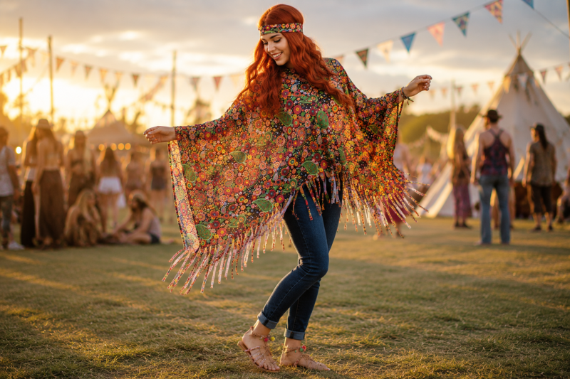 Hippie Poncho Kostüm Damen 1-tlg. – Flower Power Cape mit Fransen & Stirnband – 70er Jahre Verkleidung Karneval Fasching Motto-Party