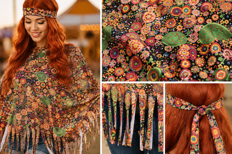 Hippie Poncho Kostüm Damen 1-tlg. – Flower Power Cape mit Fransen & Stirnband – 70er Jahre Verkleidung Karneval Fasching Motto-Party