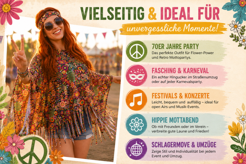 Hippie Poncho Kostüm Damen 1-tlg. – Flower Power Cape mit Fransen & Stirnband – 70er Jahre Verkleidung Karneval Fasching Motto-Party