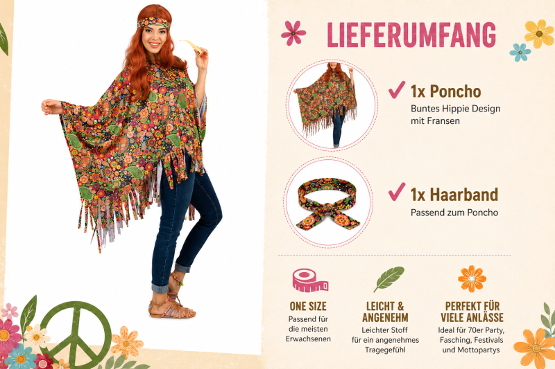 Hippie Poncho Kostüm Damen 1-tlg. – Flower Power Cape mit Fransen & Stirnband – 70er Jahre Verkleidung Karneval Fasching Motto-Party
