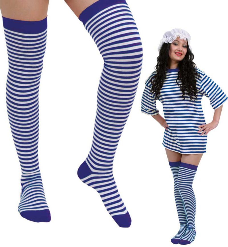 Overknees, blau/weiß, extra lang, ca. 63 cm, Karneval, Mottoparty, Accessoire