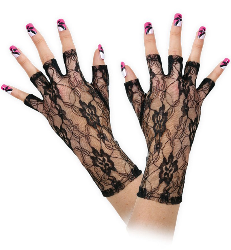 Spitzenhandschuhe mit Halben Fingern in Schwarz Halloween Karneval Accessoire
