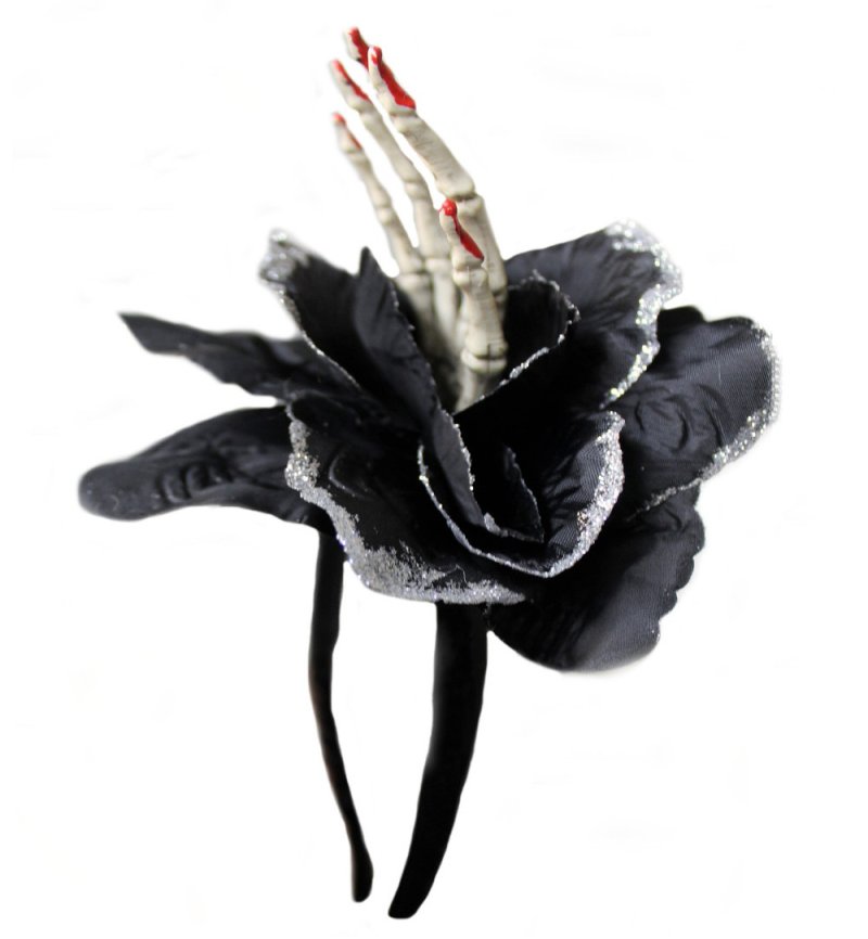 Haarreif schwarze Rose mit Skeletthand, Accessoire, Halloween