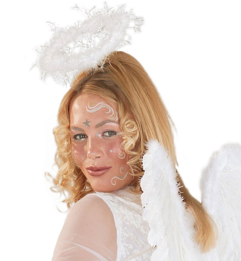 Haarreif Heiligenschein in 2 Verschiedenen Farben mit Federn Halloween Karneval Accessoire (weiß)