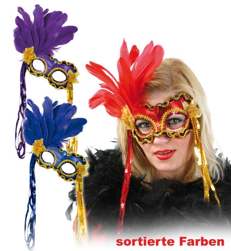 Federdomino, sortierte Farben, Pailletten, Maske, Karneval, Mottoparty, Accessoire
