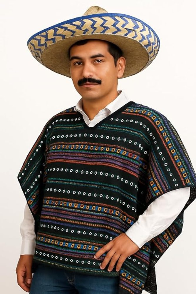 Kostüm Set Poncho und Sombrero 2-tlg. Hut Mexikaner und Poncho El Taco bunt gestreift in Einheitsgröße