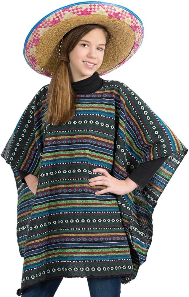 Kostüm Set Poncho und Sombrero 2-tlg. Hut Mexikaner und Poncho El Taco bunt gestreift in Einheitsgröße