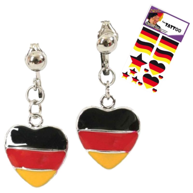 Ohrringe Klipse Fan Fußball Herz mit GRATIS Tattoos Accessoire Deutschland