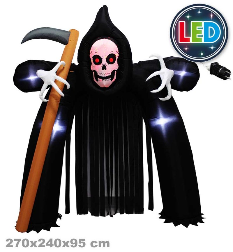 Horror Tor, XXL Aufblasbarer Sensenmann mit LED | 270x240x95 cm | Halloween Deko mit Sense & Beleuchtung | Für Innen und Außen geeignet