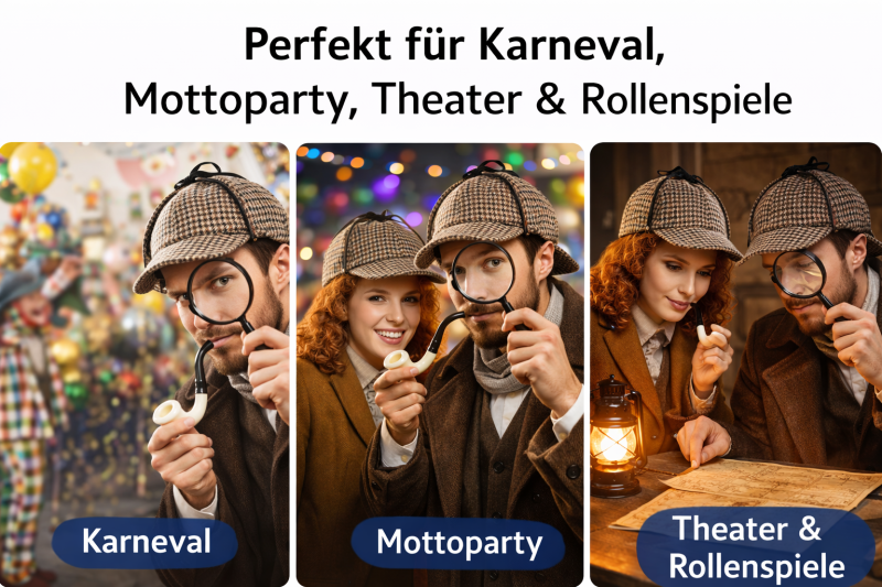 Sherlock Holmes Detektiv Set 3-teilig – Kostüm Zubehör für Erwachsene mit Mütze, Pfeife & Lupe – ideal für Karneval & Mottoparty