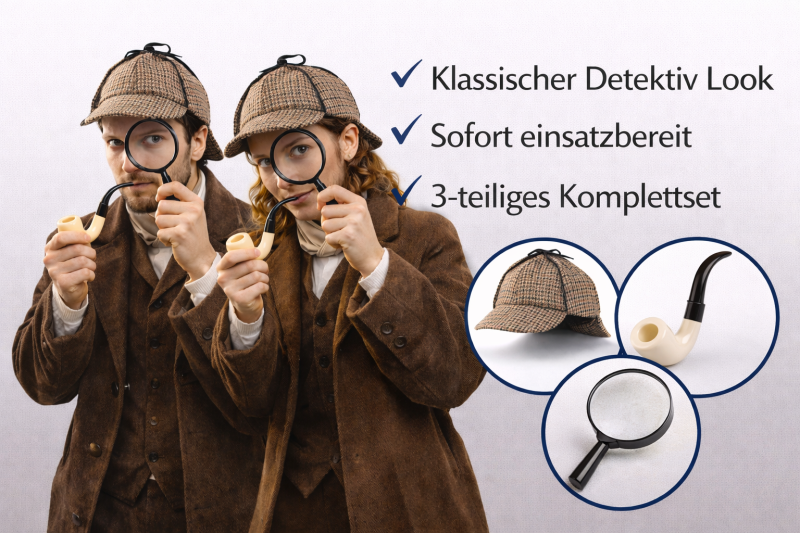 Sherlock Holmes Detektiv Set 3-teilig – Kostüm Zubehör für Erwachsene mit Mütze, Pfeife & Lupe – ideal für Karneval & Mottoparty